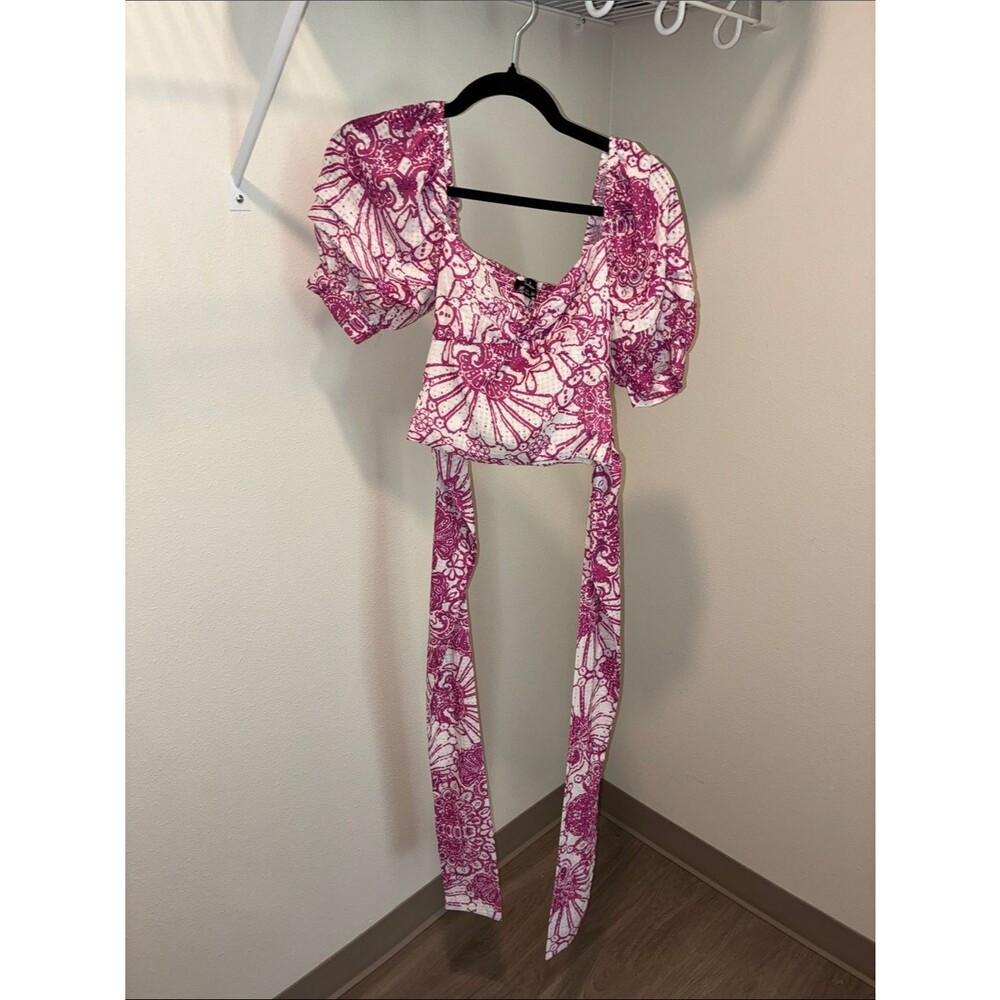 Lulus Puff Sleeve Crop Top XS Pink Floral Tie Front Cottagecore